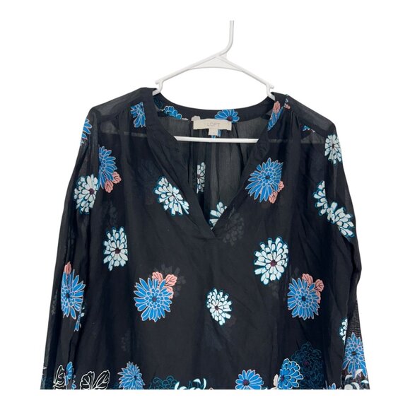 LOFT Women SZ Small Semisheer Floral Black & Blue Long-Sleeve Tunic Top Blouse - Picture 2 of 12